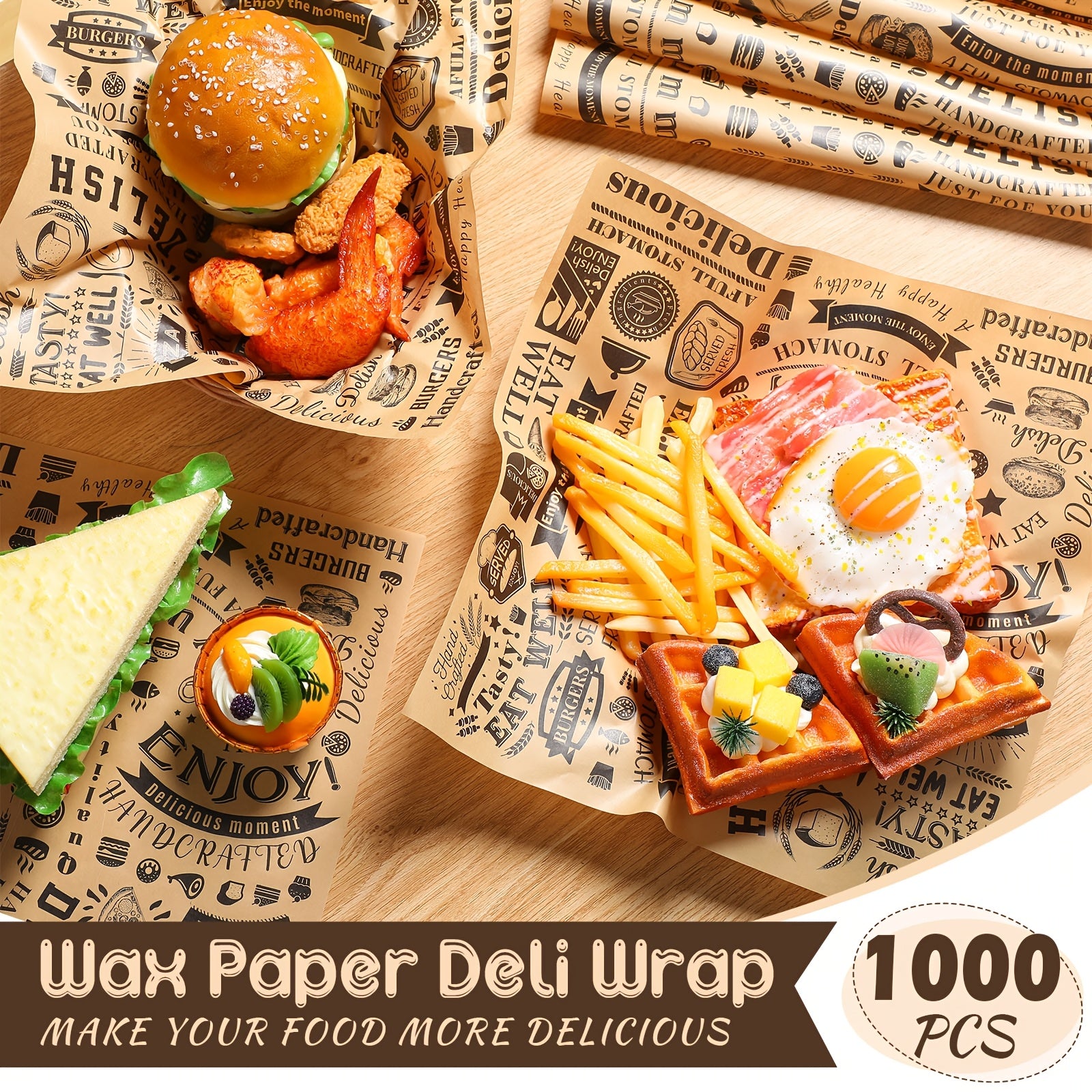 1000pcs 12x12 Inch Brown Deli Wax Paper Sheets - Grease & Water Resistant, Perfect for Sandwiches, Hot Dogs, and Baking