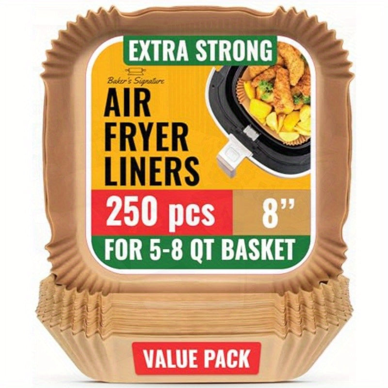 250pcs Extra Strong Air Fryer Liners - Non-Stick, Oil-Proof Paper Liners for Easy Cleanup, Fits 5-8 QT Baskets, Perfect for Oven Pans & Baking, 8 Square Liners Included, Air Fryer Accessories, Baking Essentials, Disposable Liners, Oilproof Material