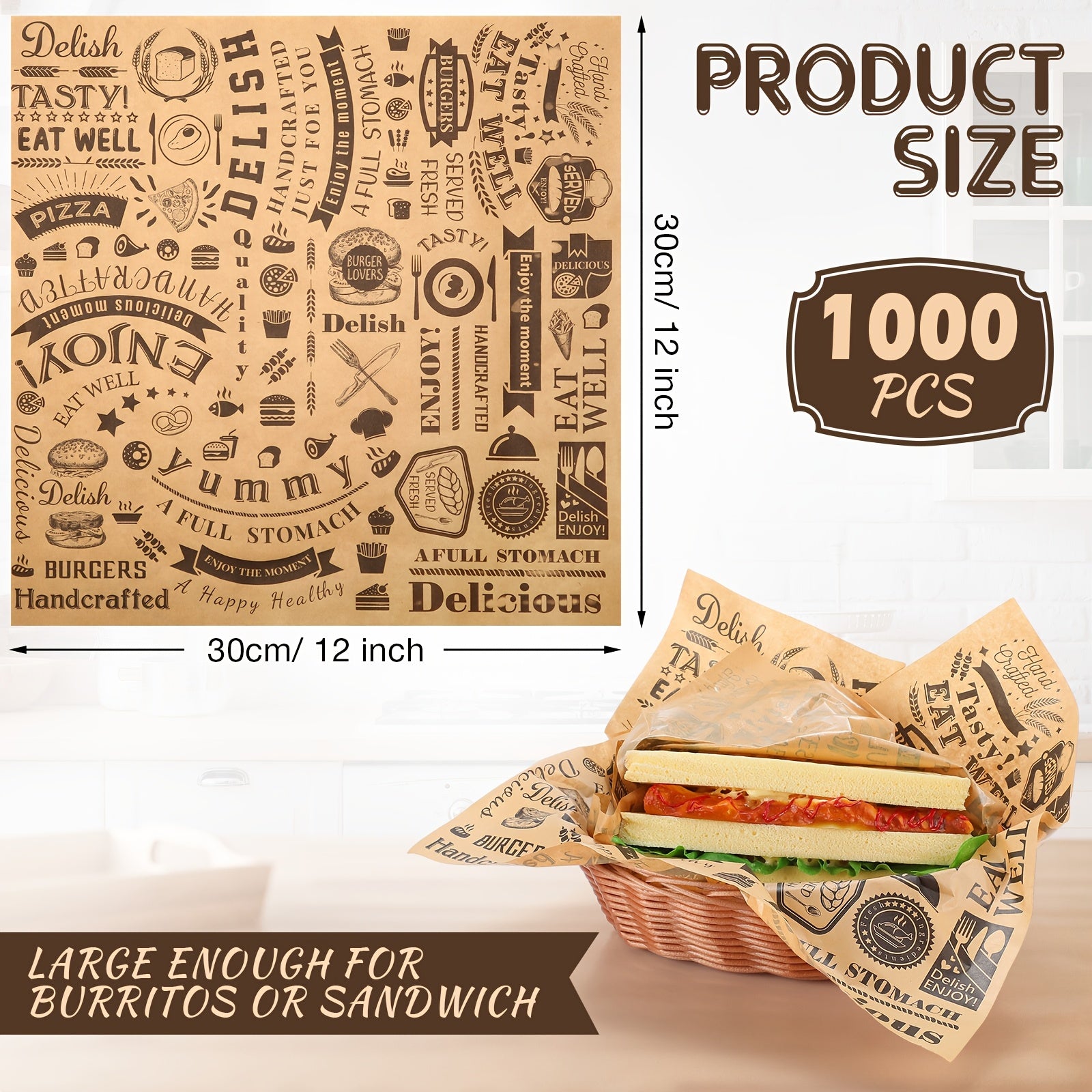 1000pcs 12x12 Inch Brown Deli Wax Paper Sheets - Grease & Water Resistant, Perfect for Sandwiches, Hot Dogs, and Baking