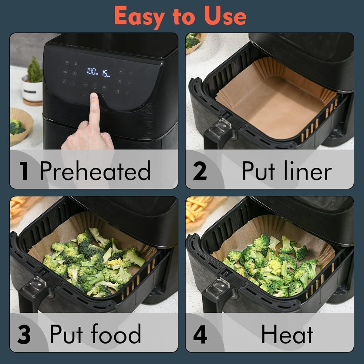 Square Disposable Paper Liners for Air Fryers, Suitable for COSORI And Ninja Toaster Ovens, Featuring Non-Stick Parchment Paper for Baking.