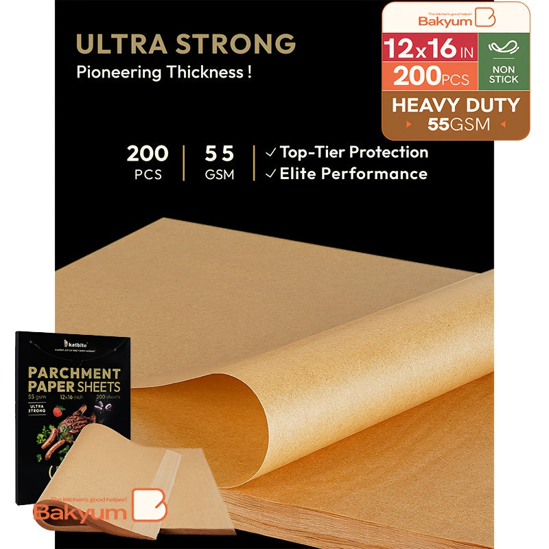 200/220/300/400pcs Bakyum Heavy Duty Parchment Paper Sheets 12x16 Inches 45gsm - Non-Stick, Oil Proof & Double Silicone Coated Precut Baking Paper for Cooking, Grilling, Air Fryer, Steaming, Frying | Unbleached,, Safe for Oven, Induction, Christmas,