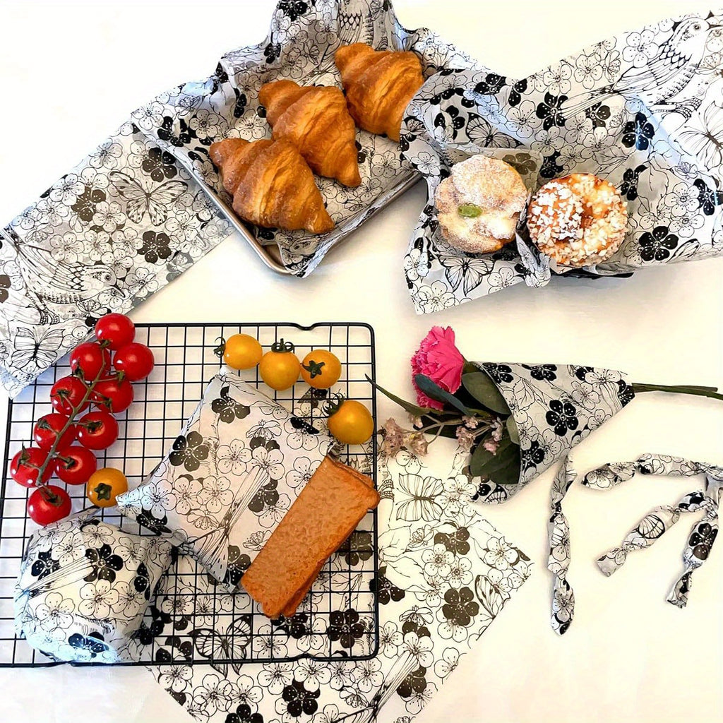 150 Sheets (300 Total) Elegant Black & White Floral Wax Paper Wrapping Sheets - Greaseproof & High Quality Non-Stick Parchment Paper with Rounded Corners, Large 8.6x9.8 Inch for Air Fryer, Baking, Sandwiches, Picnic & Party - Disposable Tableware, Plate &