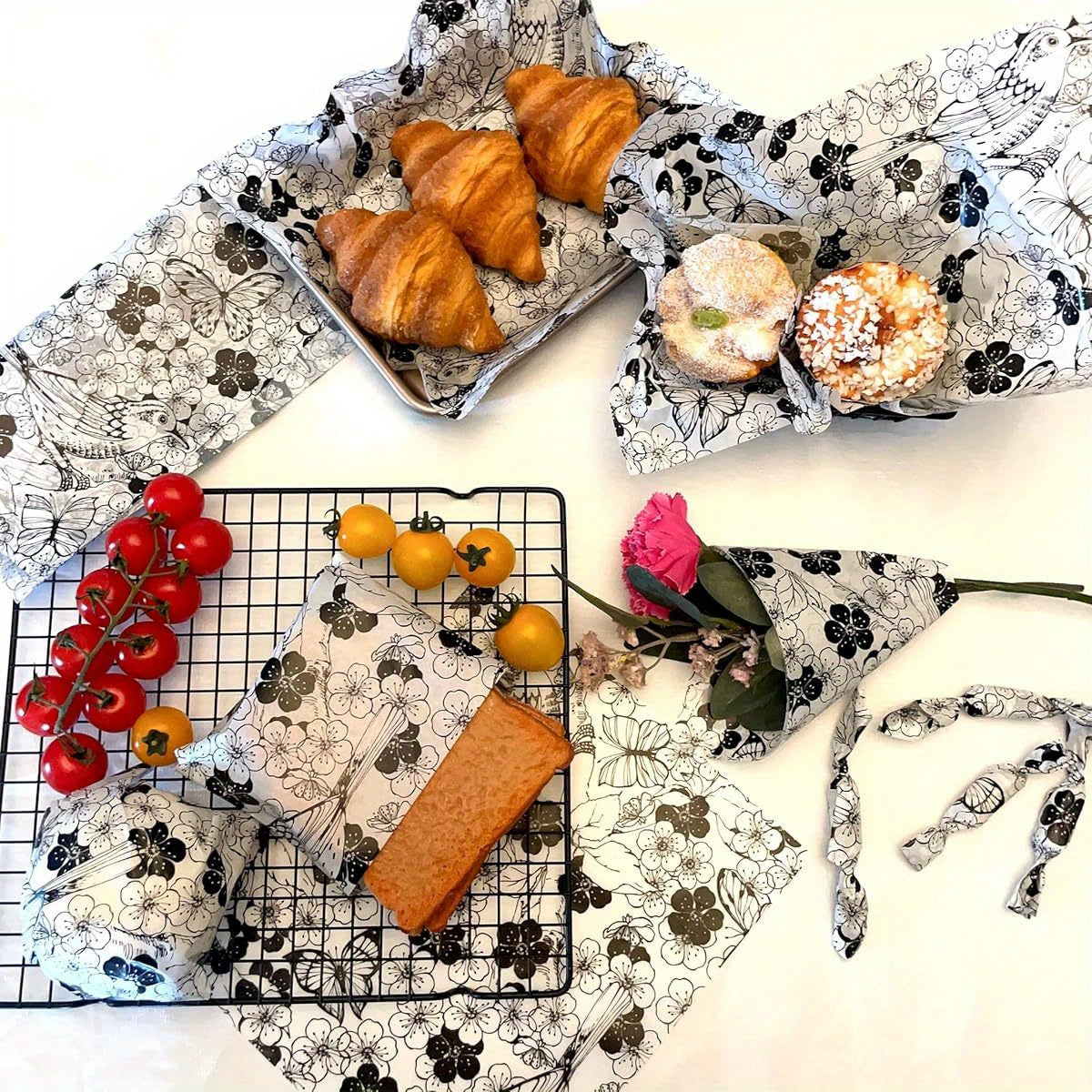 150 Sheets (300 Total) Elegant Black & White Floral Wax Paper Wrapping Sheets - Greaseproof & High Quality Non-Stick Parchment Paper with Rounded Corners, Large 8.6x9.8 Inch for Air Fryer, Baking, Sandwiches, Picnic & Party - Disposable Tableware, Plate &