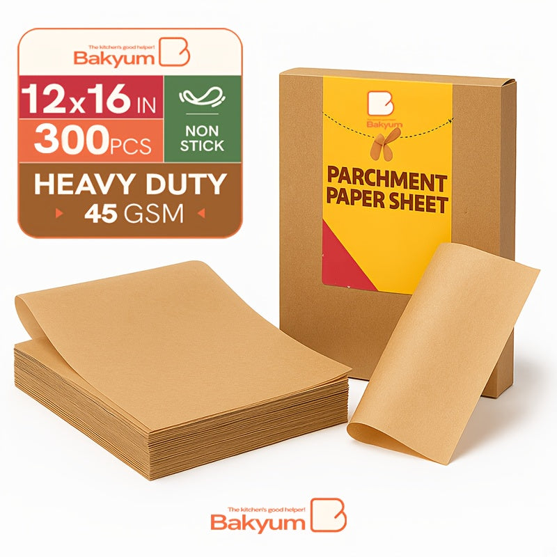 200/220/300/400pcs Bakyum Heavy Duty Parchment Paper Sheets 12x16 Inches 45gsm - Non-Stick, Oil Proof & Double Silicone Coated Precut Baking Paper for Cooking, Grilling, Air Fryer, Steaming, Frying | Unbleached,, Safe for Oven, Induction, Christmas,