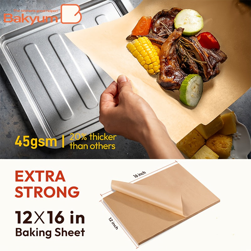 200/220/300/400pcs Bakyum Heavy Duty Parchment Paper Sheets 12x16 Inches 45gsm - Non-Stick, Oil Proof & Double Silicone Coated Precut Baking Paper for Cooking, Grilling, Air Fryer, Steaming, Frying | Unbleached,, Safe for Oven, Induction, Christmas,