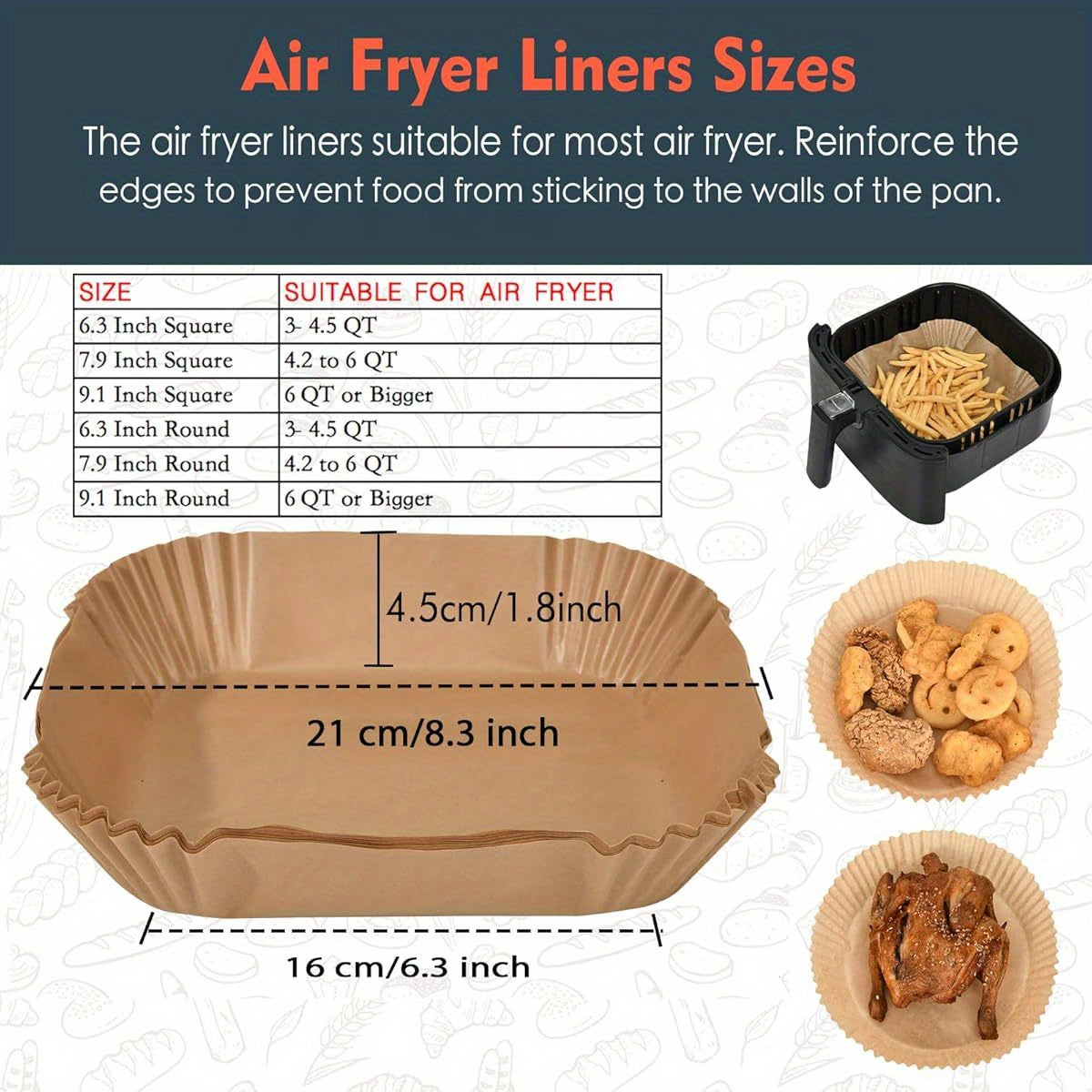 Square Disposable Paper Liners for Air Fryers, Suitable for COSORI And Ninja Toaster Ovens, Featuring Non-Stick Parchment Paper for Baking.
