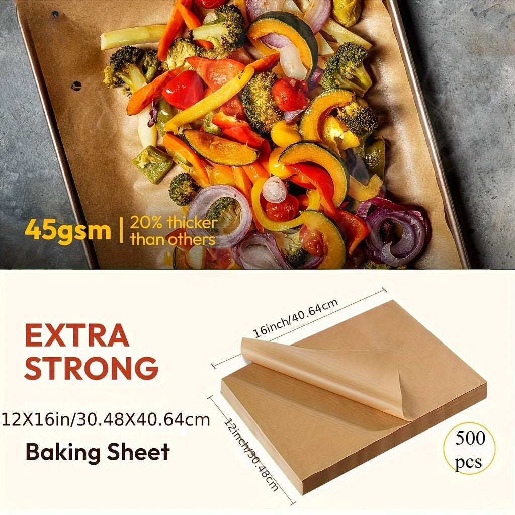 500 Sheets LDQ Heavy Duty 12x16 Inch Parchment Paper - Unbleached Non-Stick Baking Sheets for Air Fryer, Grilling, Steaming, Baking Bread, Cakes & Wrapping Foods - Food-Grade, Durable & Easy Cleanup, Grilling Essentials, Simple Design, Foodsafe Material,