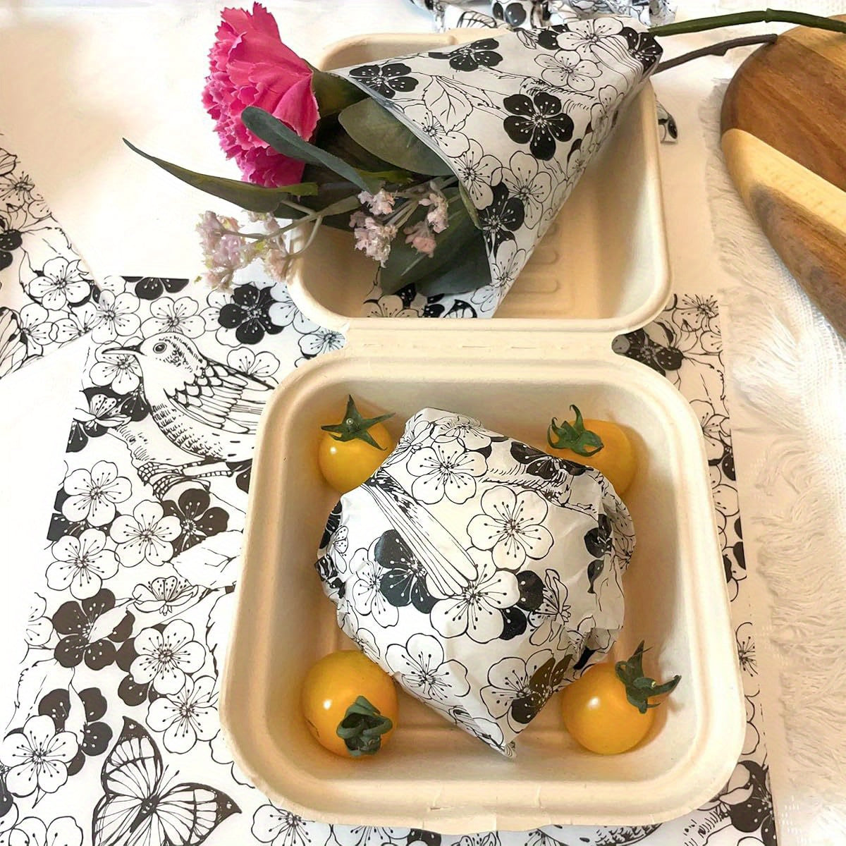 150 Sheets (300 Total) Elegant Black & White Floral Wax Paper Wrapping Sheets - Greaseproof & High Quality Non-Stick Parchment Paper with Rounded Corners, Large 8.6x9.8 Inch for Air Fryer, Baking, Sandwiches, Picnic & Party - Disposable Tableware, Plate &