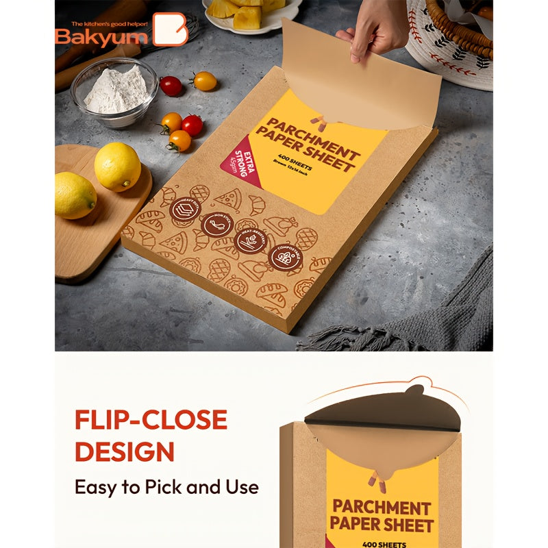 200/220/300/400pcs Bakyum Heavy Duty Parchment Paper Sheets 12x16 Inches 45gsm - Non-Stick, Oil Proof & Double Silicone Coated Precut Baking Paper for Cooking, Grilling, Air Fryer, Steaming, Frying | Unbleached,, Safe for Oven, Induction, Christmas,