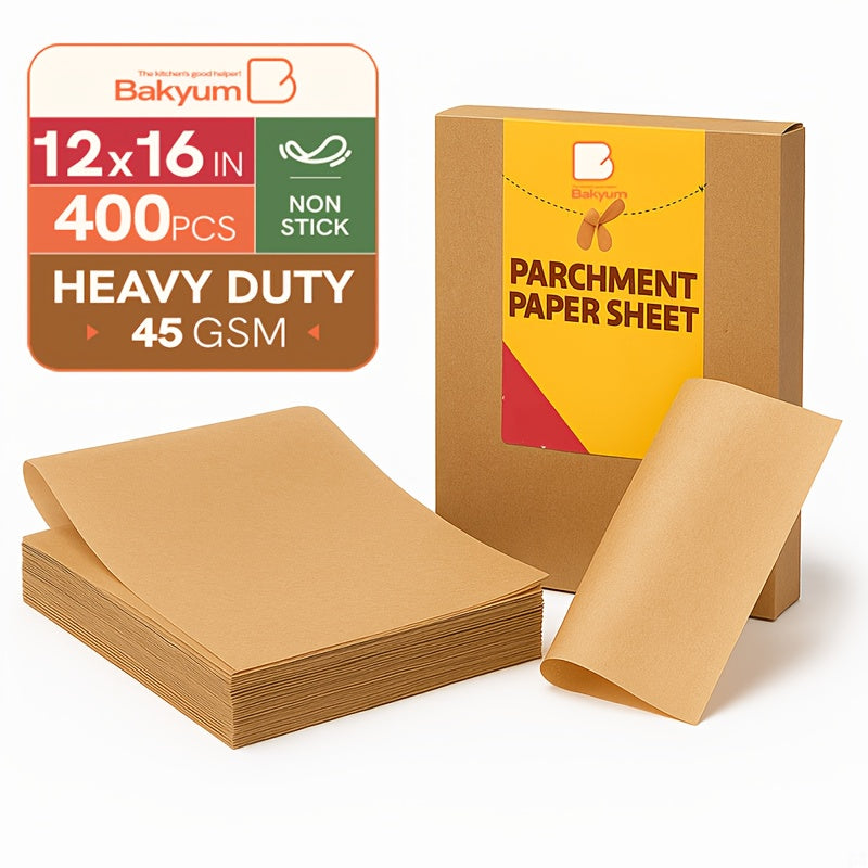 200/220/300/400pcs Bakyum Heavy Duty Parchment Paper Sheets 12x16 Inches 45gsm - Non-Stick, Oil Proof & Double Silicone Coated Precut Baking Paper for Cooking, Grilling, Air Fryer, Steaming, Frying | Unbleached,, Safe for Oven, Induction, Christmas,
