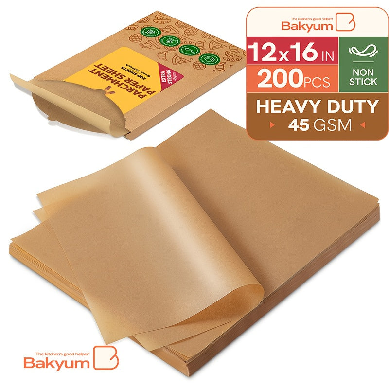 200/220/300/400pcs Bakyum Heavy Duty Parchment Paper Sheets 12x16 Inches 45gsm - Non-Stick, Oil Proof & Double Silicone Coated Precut Baking Paper for Cooking, Grilling, Air Fryer, Steaming, Frying | Unbleached,, Safe for Oven, Induction, Christmas,